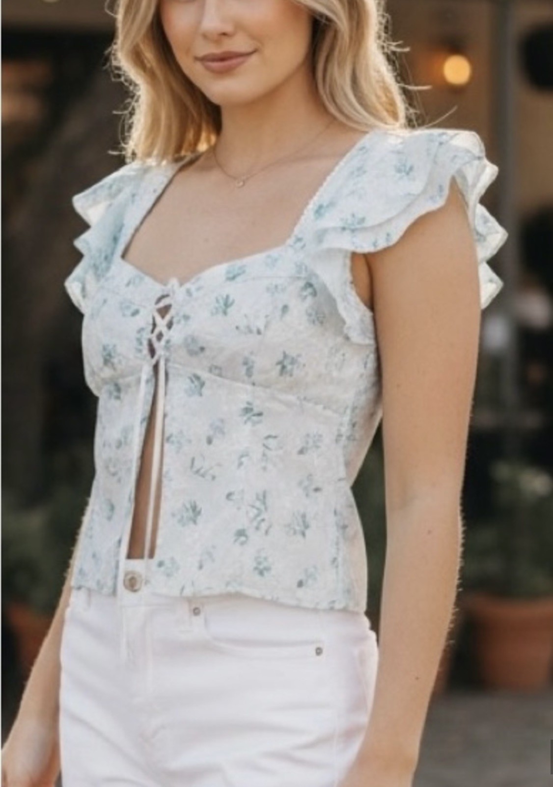 All in Favor Blue Split Front Lace Cottagecore Coquette Milkmaid Top sz L NWT