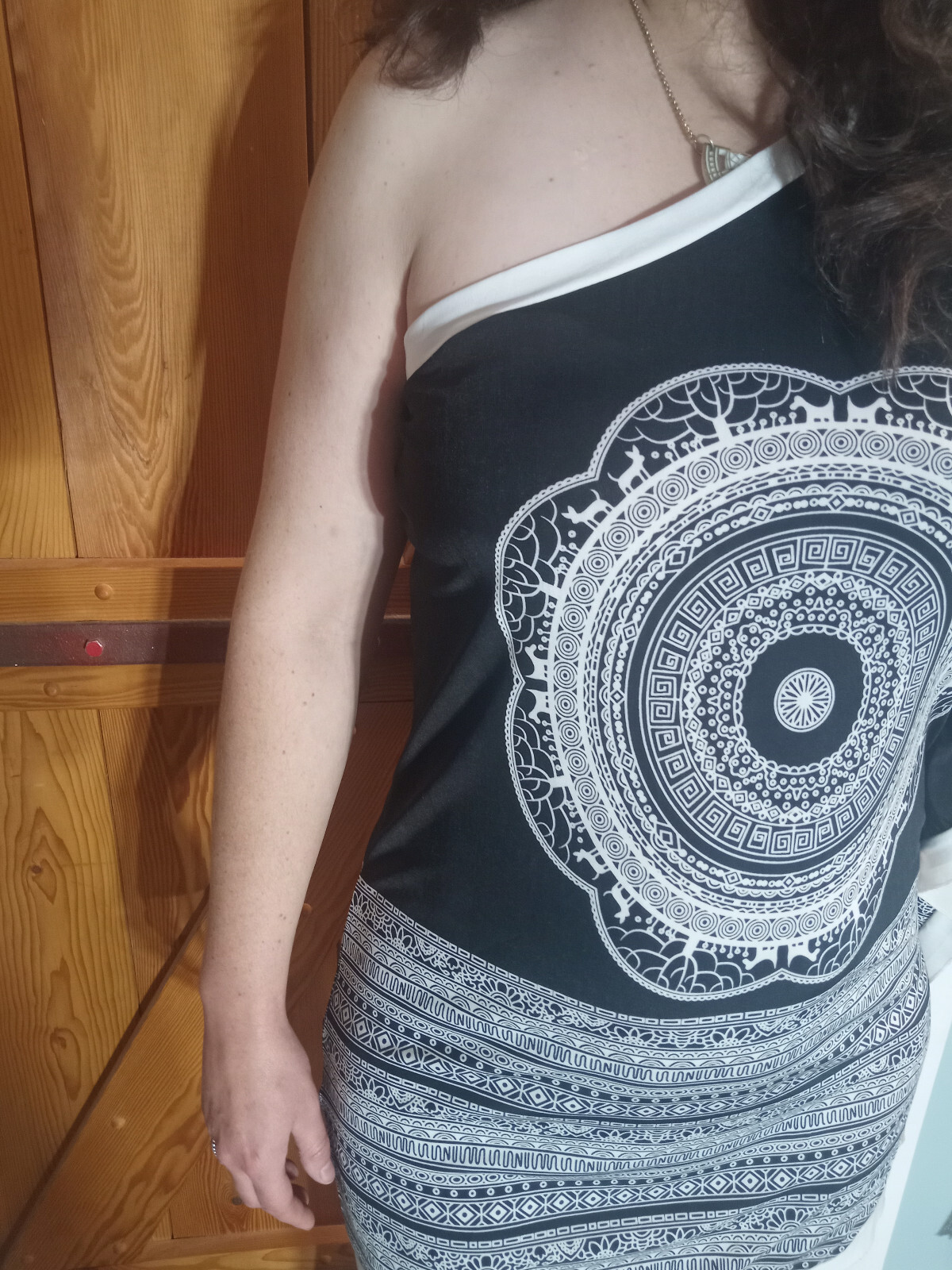 Tribal Print WOMEN’S ONE SHOULDER TOP BLOUSE Short Stretch Fit Black White