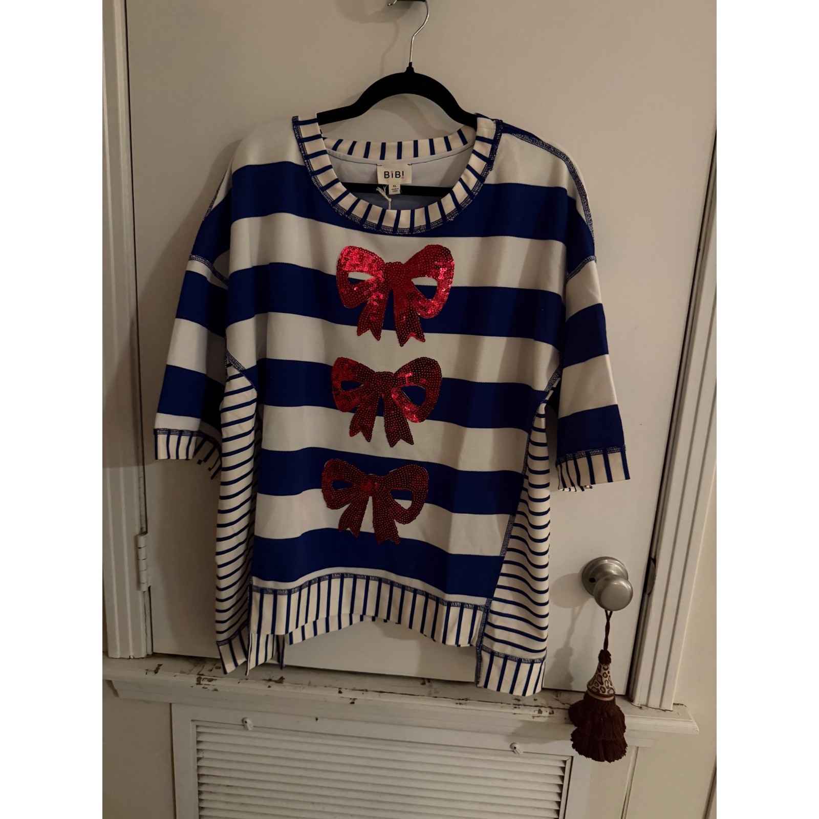 BiBi Womens XL Striped Sequin Bow Top Blue White Nautical Short Sleeve NWT