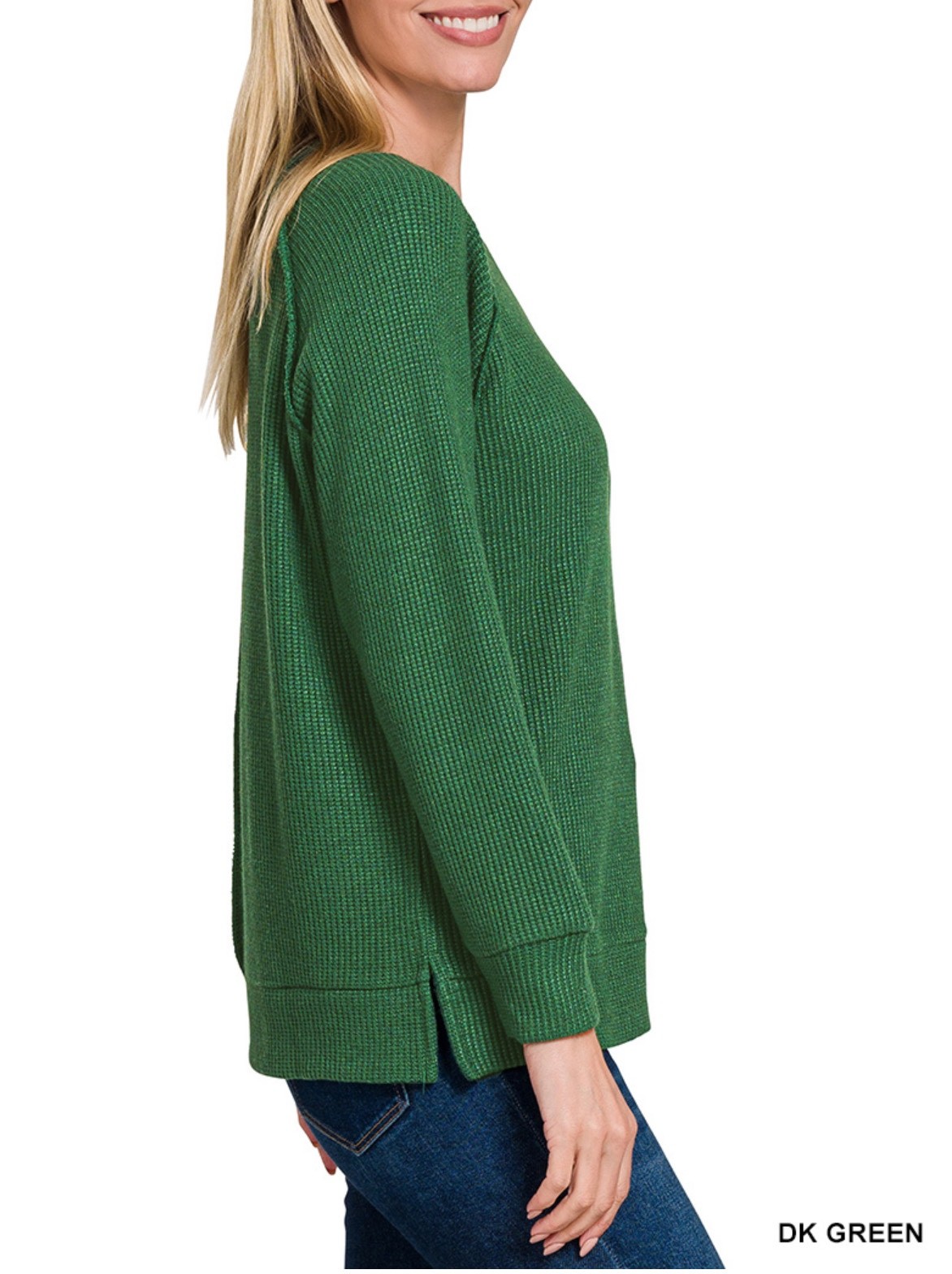 ZENANA 2475 Waffle Knit Top Long Raglan Sleeve Split Sides Sweater