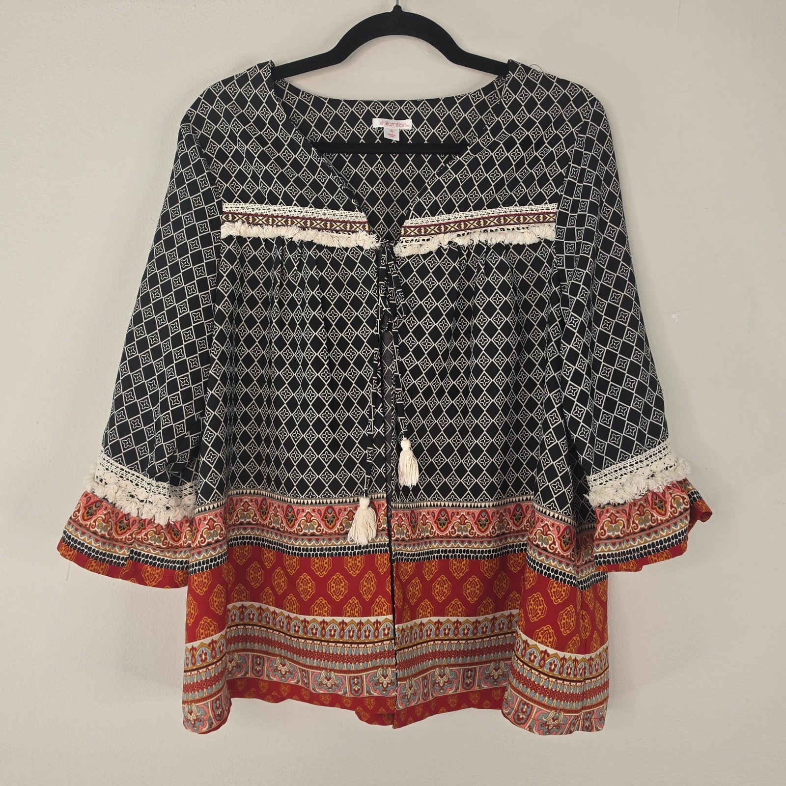 Xhilaration Blouse Juniors XL Multicolor Scoop Neck 3/4 Bell Sleeve Boho Tunic