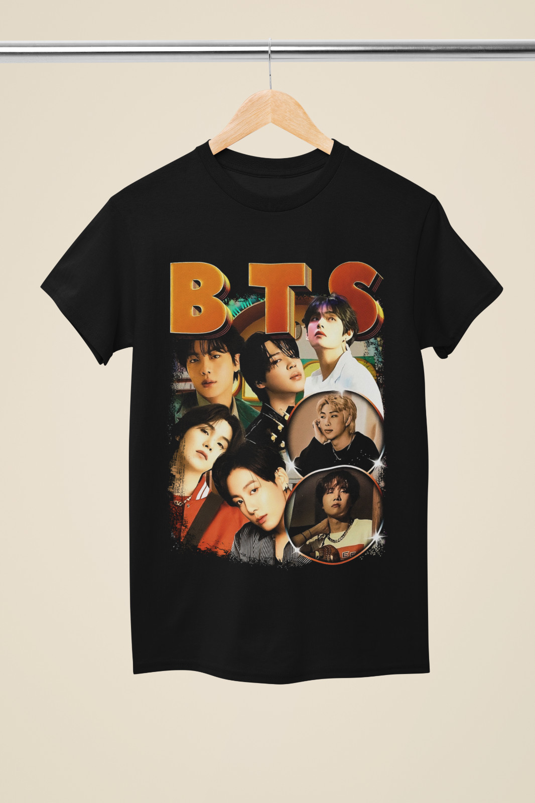 BTS Orange 3D Block Logo & Member Photo Collage Black T-Shirt – (MU33)