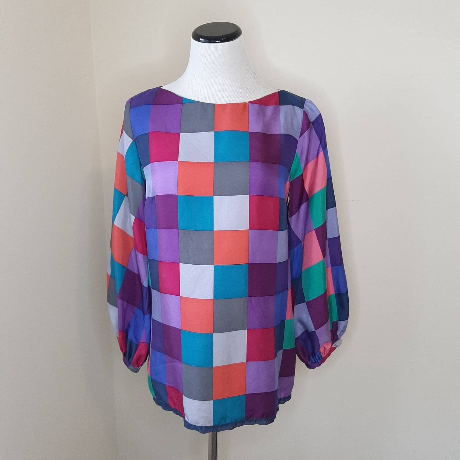 Britt Ryan Purple Checkered Balloon Sleeve Silky Blouse Exposed Zip Colorful 8