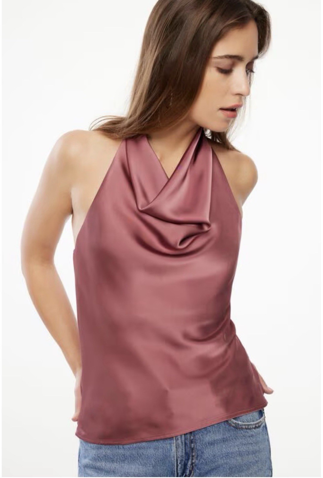 BRAND NEW Dynamite Haut Draped Halter Top Size XS Deco Rose Pink 100087292
