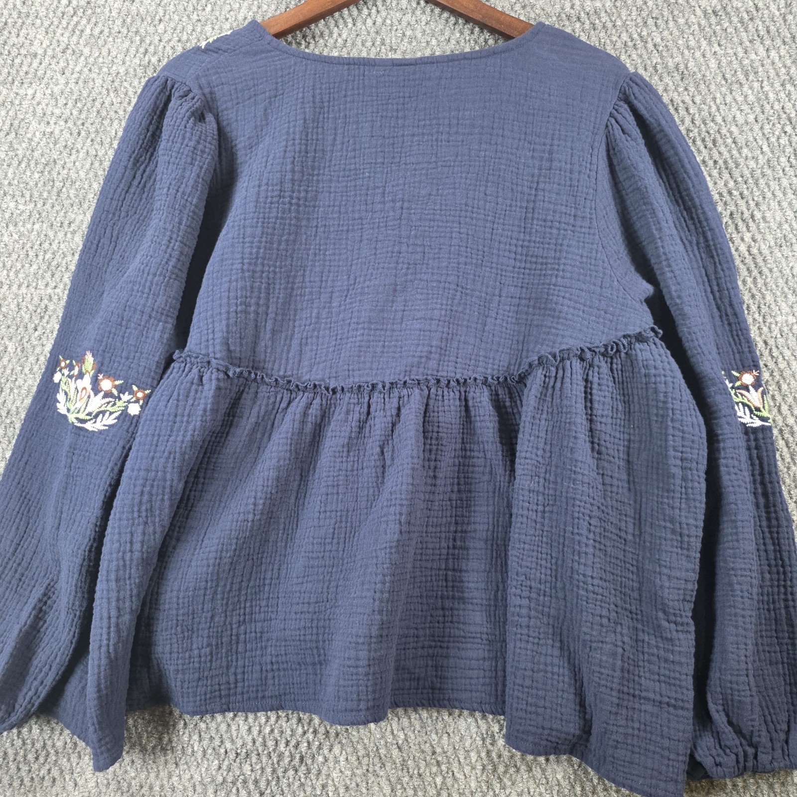 Grace+Karma Floral Boho Peasant Top Womens XL Blue Embroidered Quilted Garden
