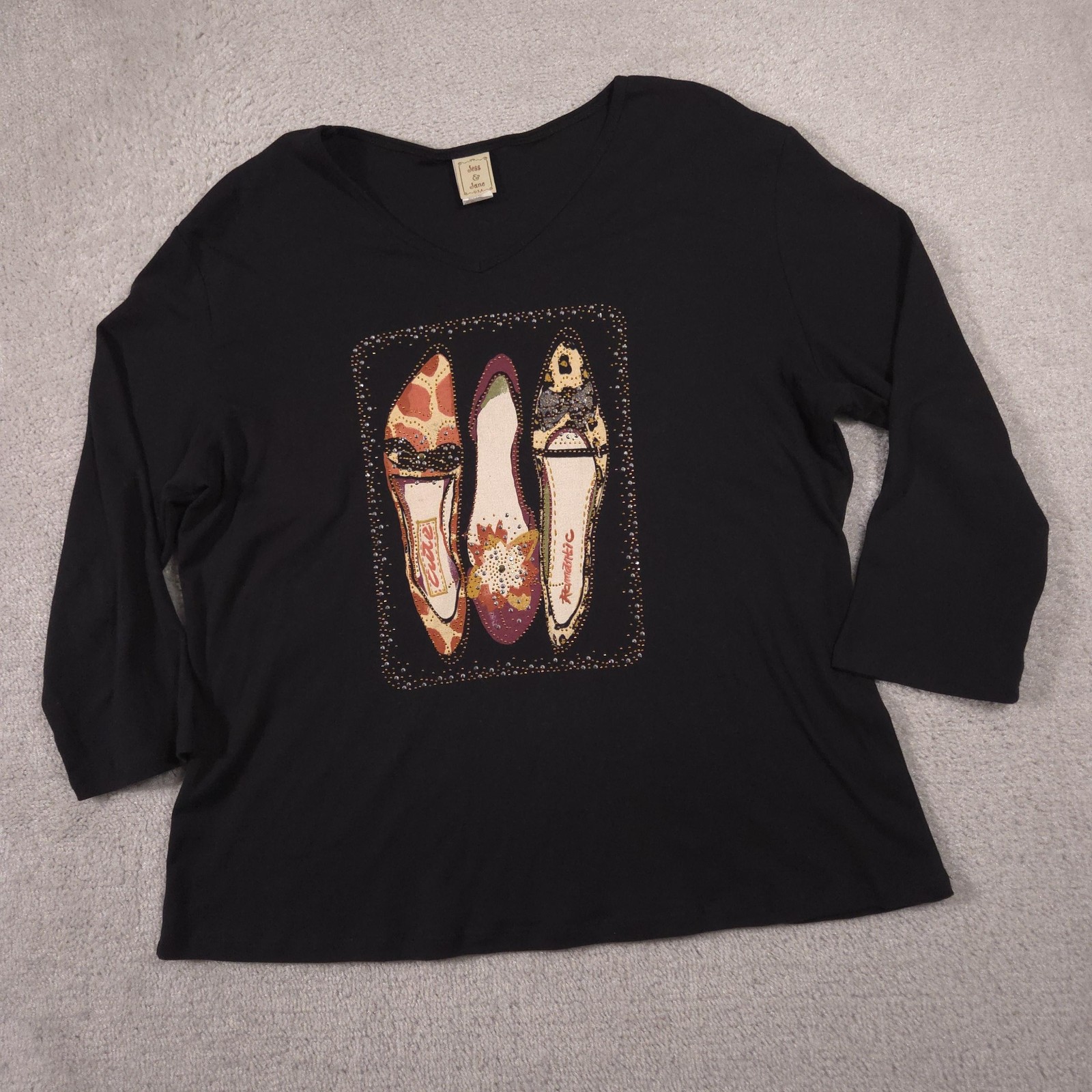 Jess & Jane Shirt Womens 1X Black Shoes Graphic Rhinestone V Neck 3/4 Sleeve Top