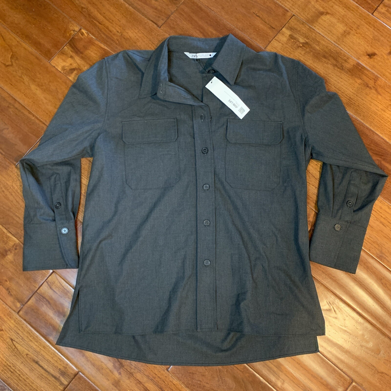 Zara Black Button Up Opaque Shirt Women’s Large Uniform Collection 3/4 Sleeve 🆕