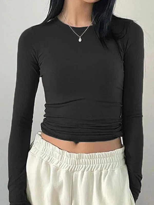 Women Casual Slim Fit Long Sleeve O-Neck T-shirts Tops Spring Fall Solid.