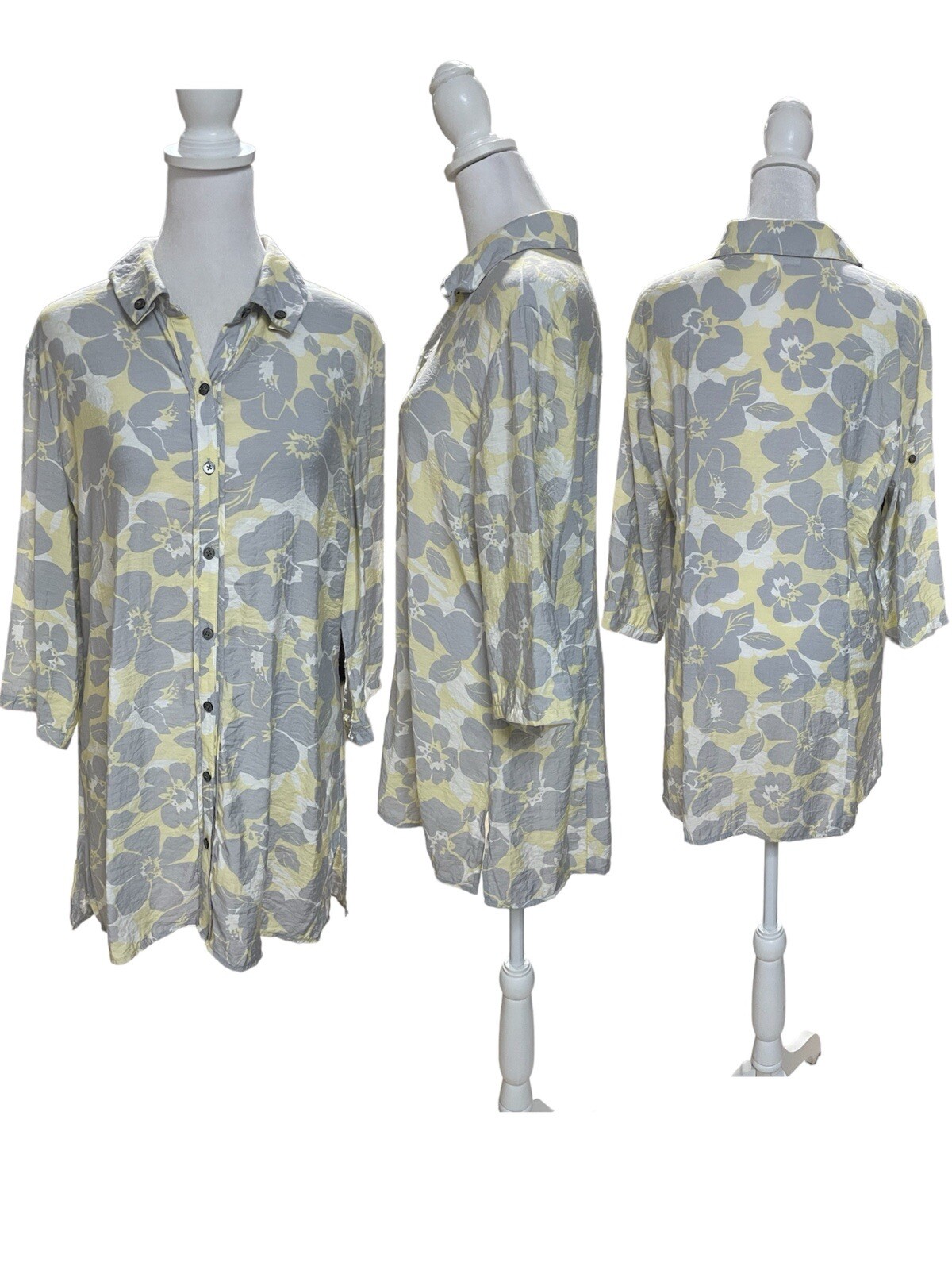 Coldwater Creek Yellow, Gray & White Floral Print Button Down Shirt Size M