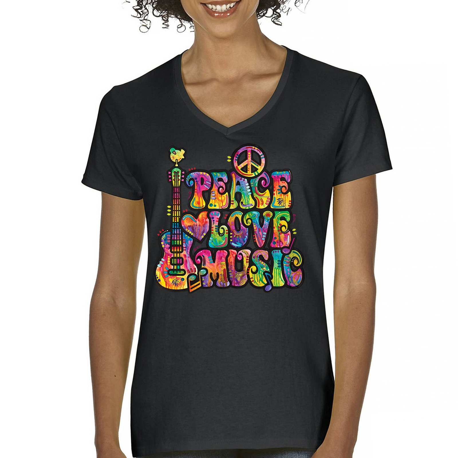 Dean Russo Peace Love Music Women’s V-Neck T-shirt Guitar Happy Good Vibe Tee