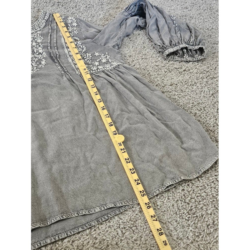 Solitaire Gray Embroidered Boho Peasant Blouse Women Large Top Balloon Sleeve