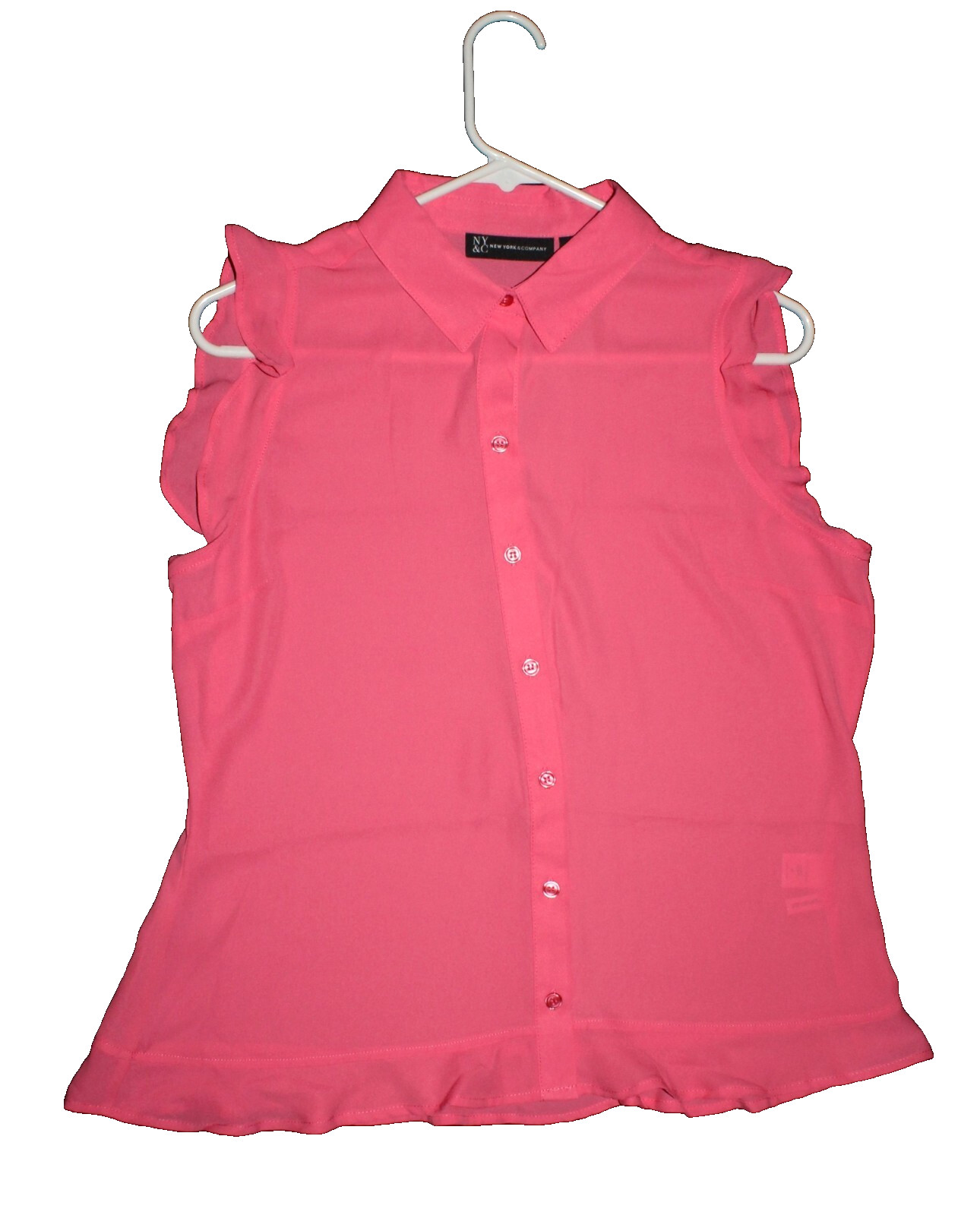 NYC NEW YORK & COMPANY BLOUSE…MEDIUM…SALMON PINK..RUFFLE SLEEVE/BOTTOM..NICE