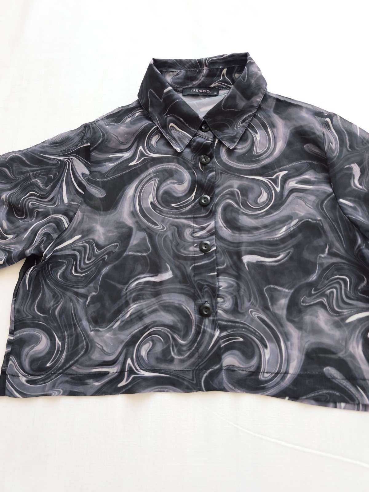 TRENDYOL Women’s Sheer Crop Shirt Blouse Abstract Marble Swirl Button Up Size 38