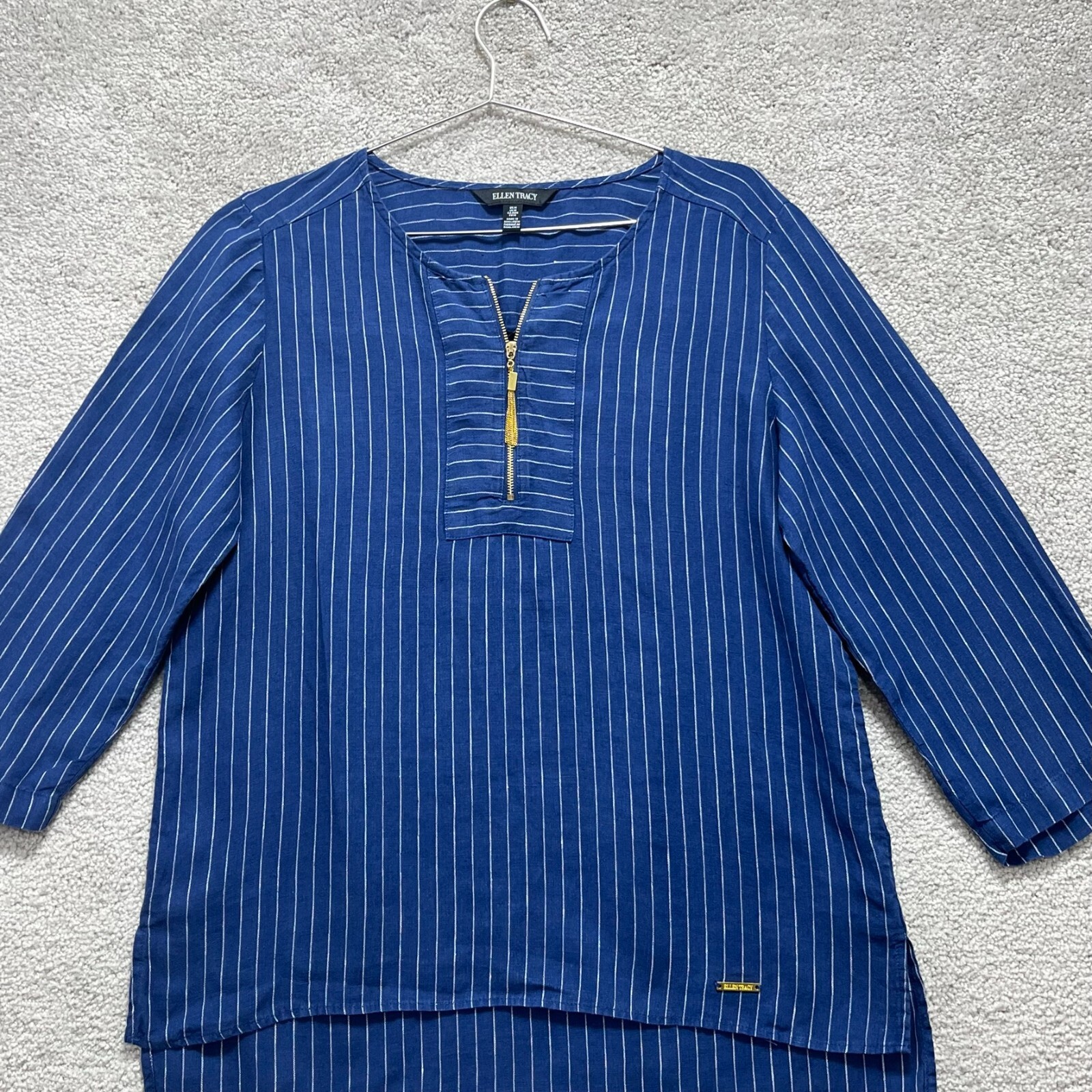 Ellen Tracy Top Women’s Medium Linen Blue Striped 3/4 Sleeve Quarter Zip