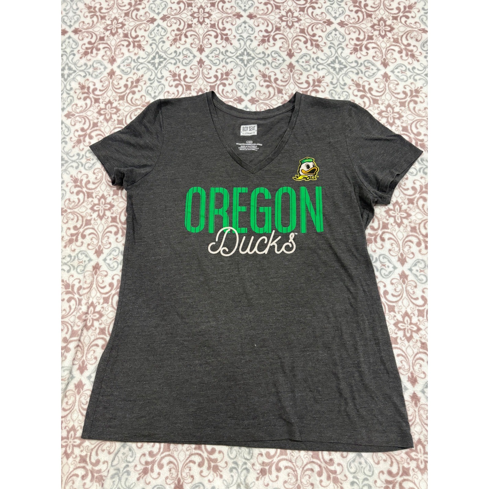 Box Seat Oregon Ducks Womens V-Neck Graphic T-Shirt Charcoal Gray Large