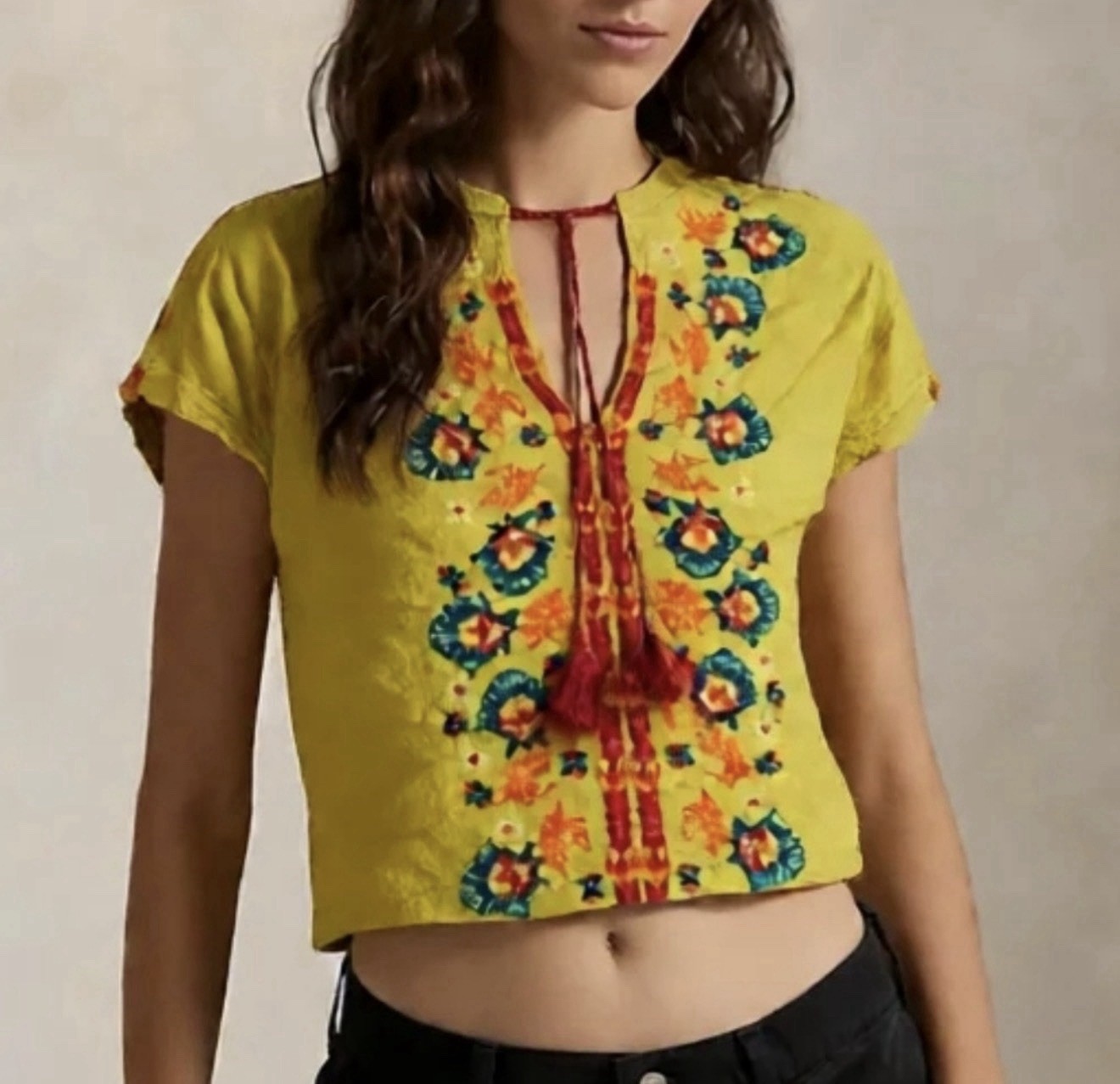 Natural Life Sz M Yellow Colorful Embroidered Tunic Top Boho Festival Artsy Airy