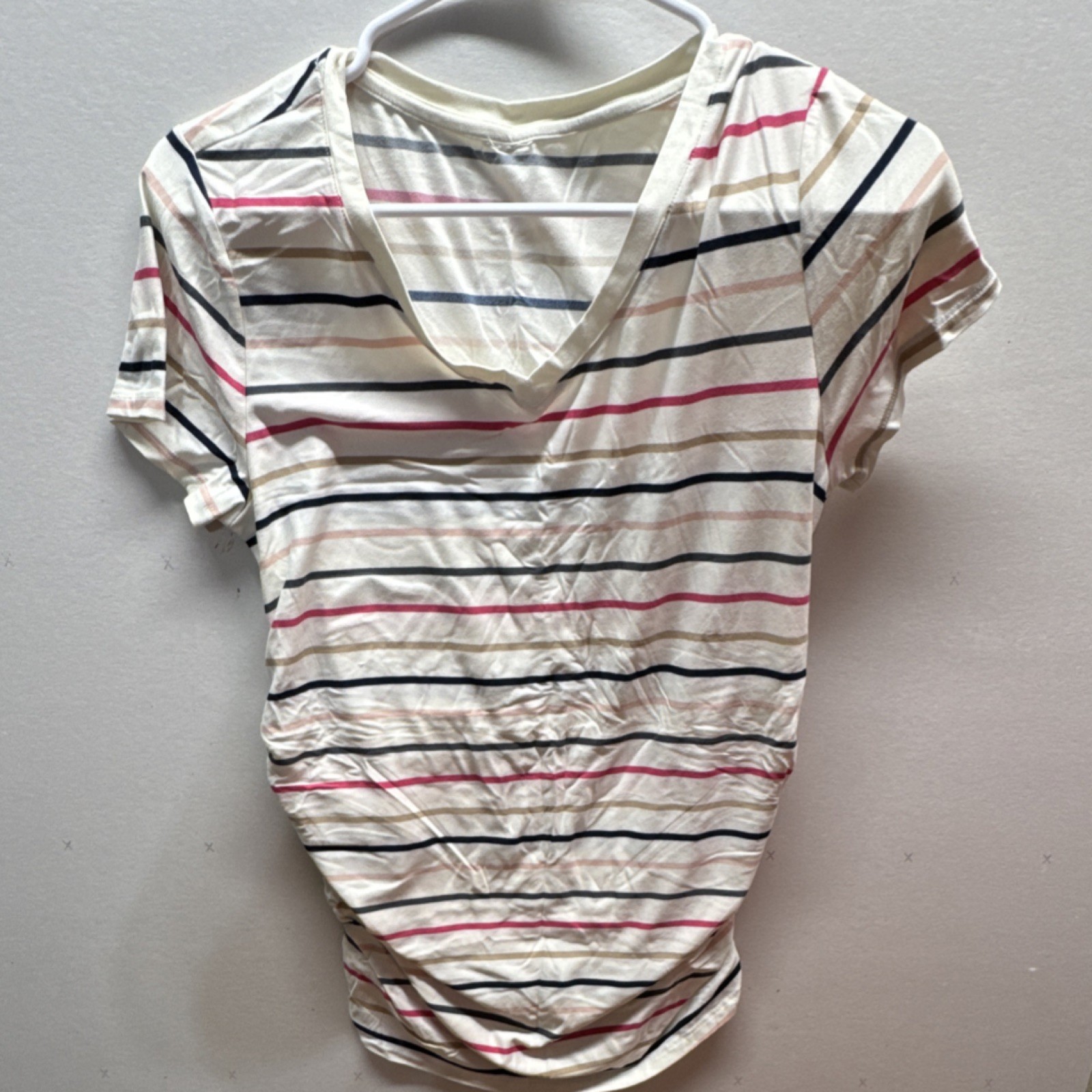 Women’s White Pink Navy Gray Striped V-Neck Short Sleeve Jersey T-Shirt