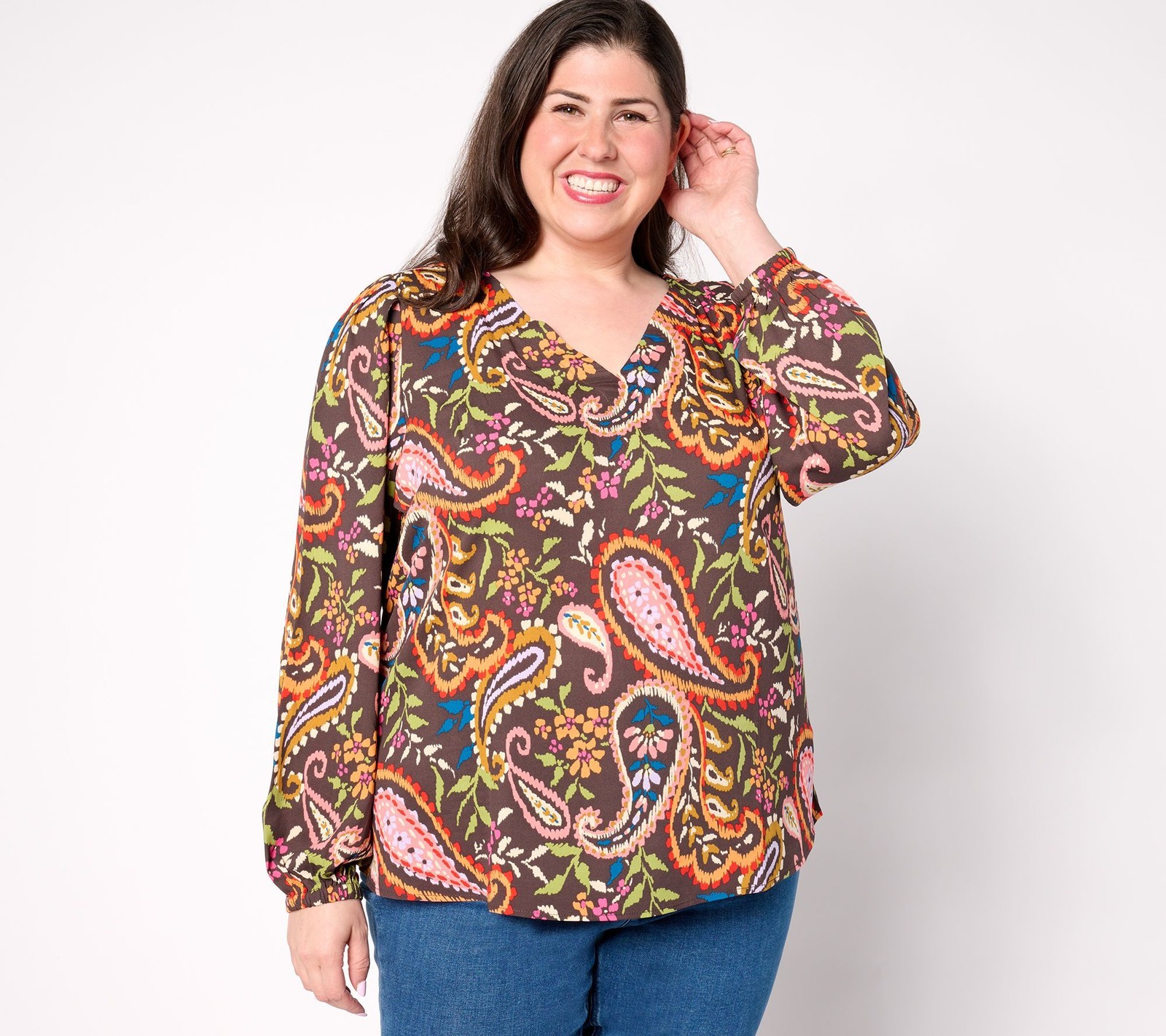 Belle by Kim Gravel Women’s Top Sz M Find Your Fire Boho Chic Brown A654087