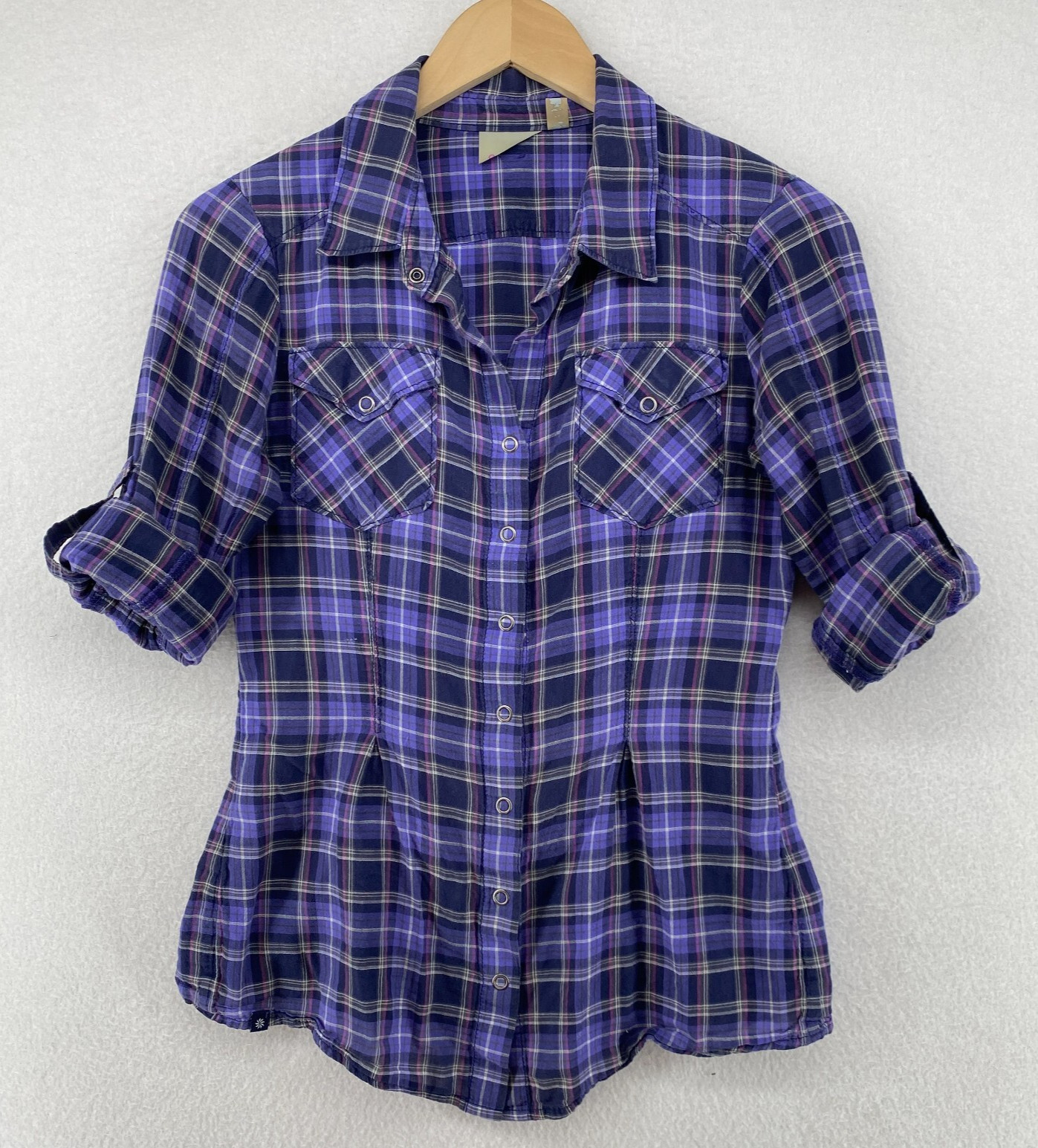 ATHLETA Top S Tioga Western Plaid Shirt Snap Front Roll Tab Sleeve Cotton Purple