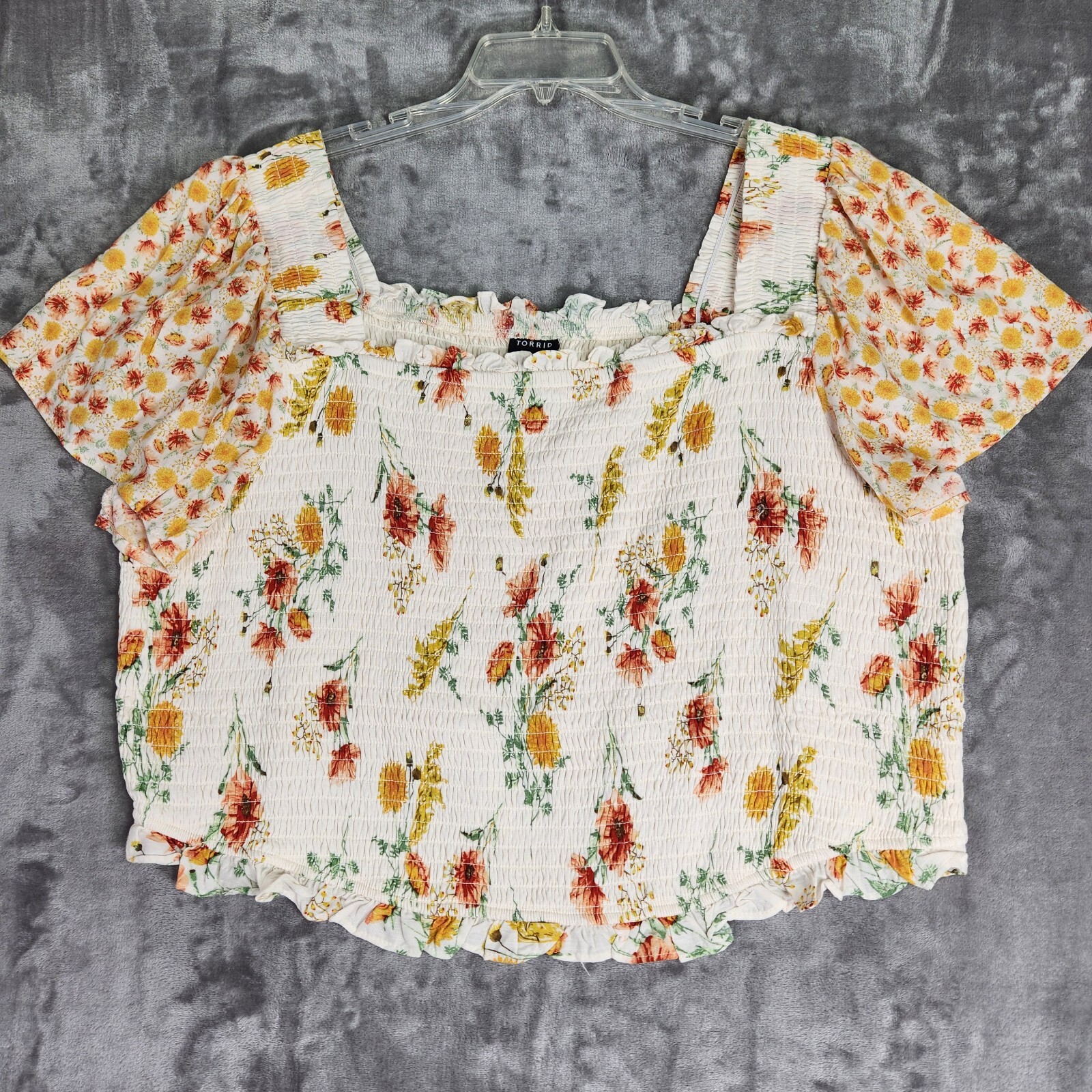 Torrid Crop Top Womens 4X Floral Smocked Flutter Sleeve Cottagecore Prairie NEW