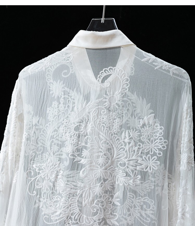 100% Silk Transparent White Embroidy Women Buttons Long Sleeve Shirt Top M1383