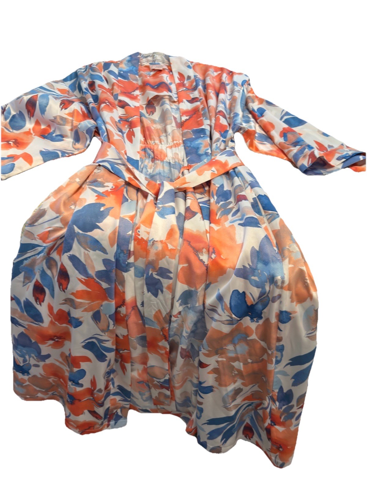 Cabernet Kimono Robe Long Orange / While Floral Tie Waist Sz Elegant House Coat