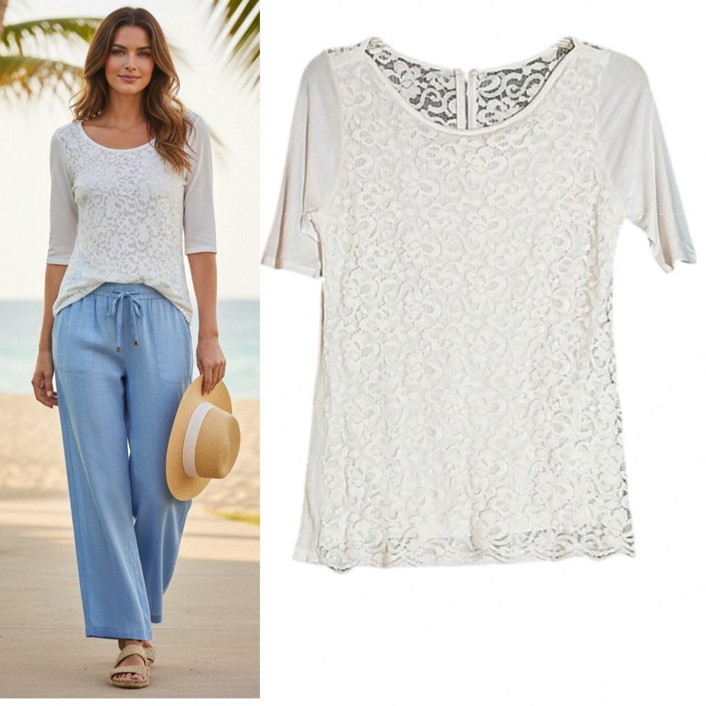 Soho New York & Co Women’s M White Lace Overlay Top Half Sleeve Scoop Neck