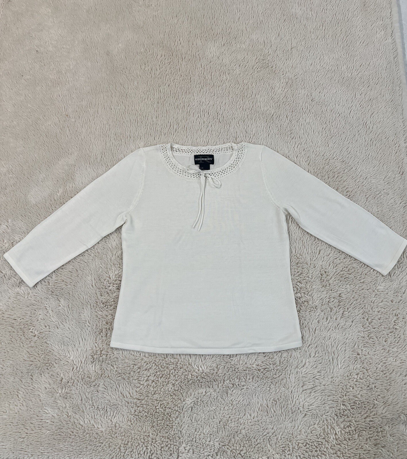 Requirements Crochet String tied Round Neckline White shirt 3/4 sleeves Size S