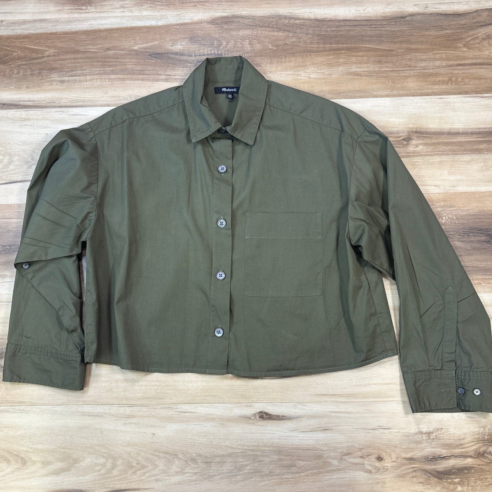 Madewell Straight Hem Shirt Women XXS Minimalist Cotton Boxy Cropped Olive Green