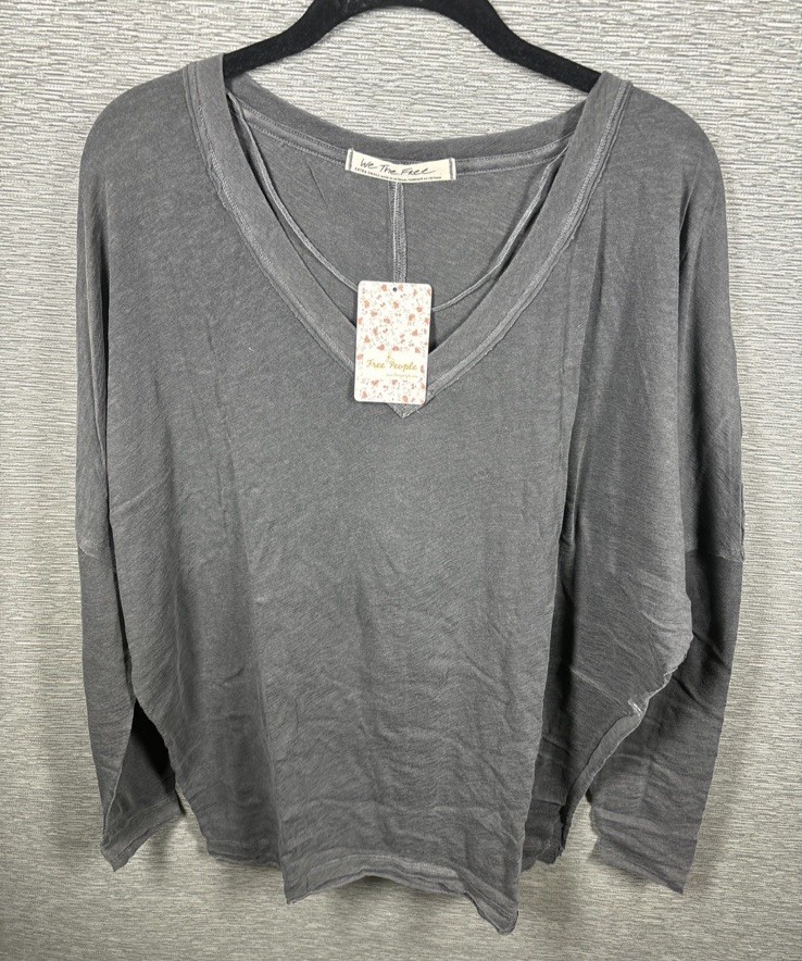 NEW Free People Women’s On My Mind V-Neck Long Sleeve Shirt Dark Gray Size XS