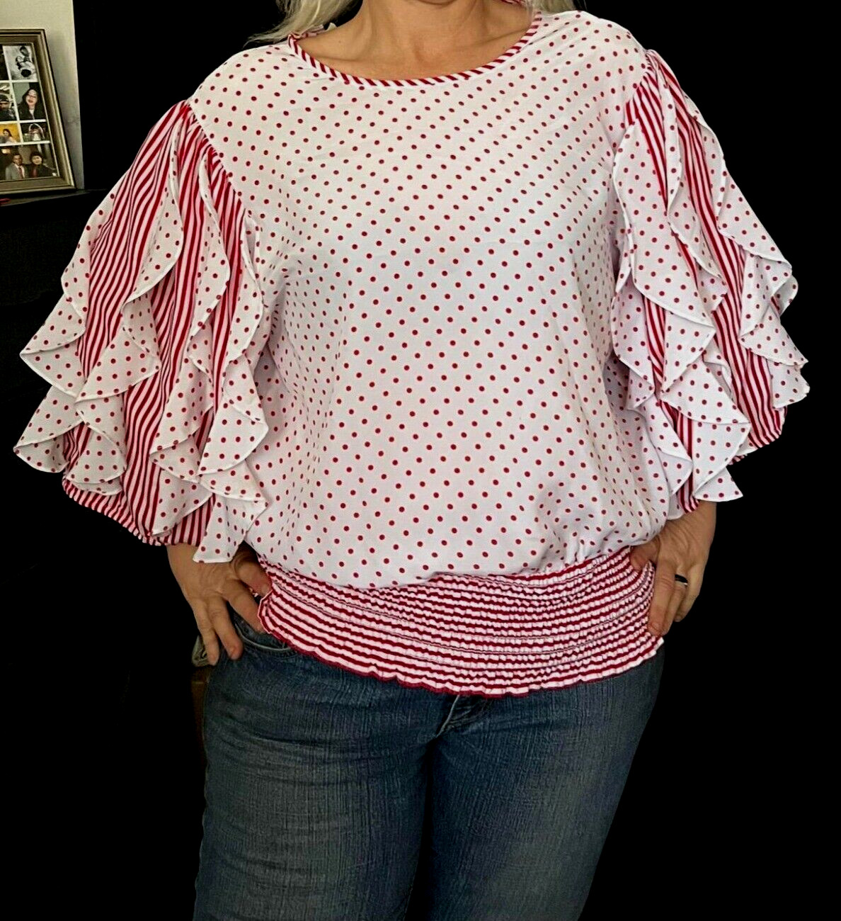 I Magnin Mosaic Blouse Ruffled Sleeves Banded Bottom USA XL Vintage 70s 80s