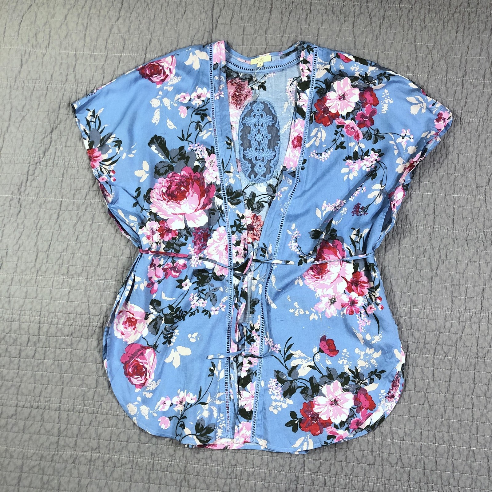 Kori America Kimono Women Medium Blue Floral Open Cardigan Lace Back Belt Boho