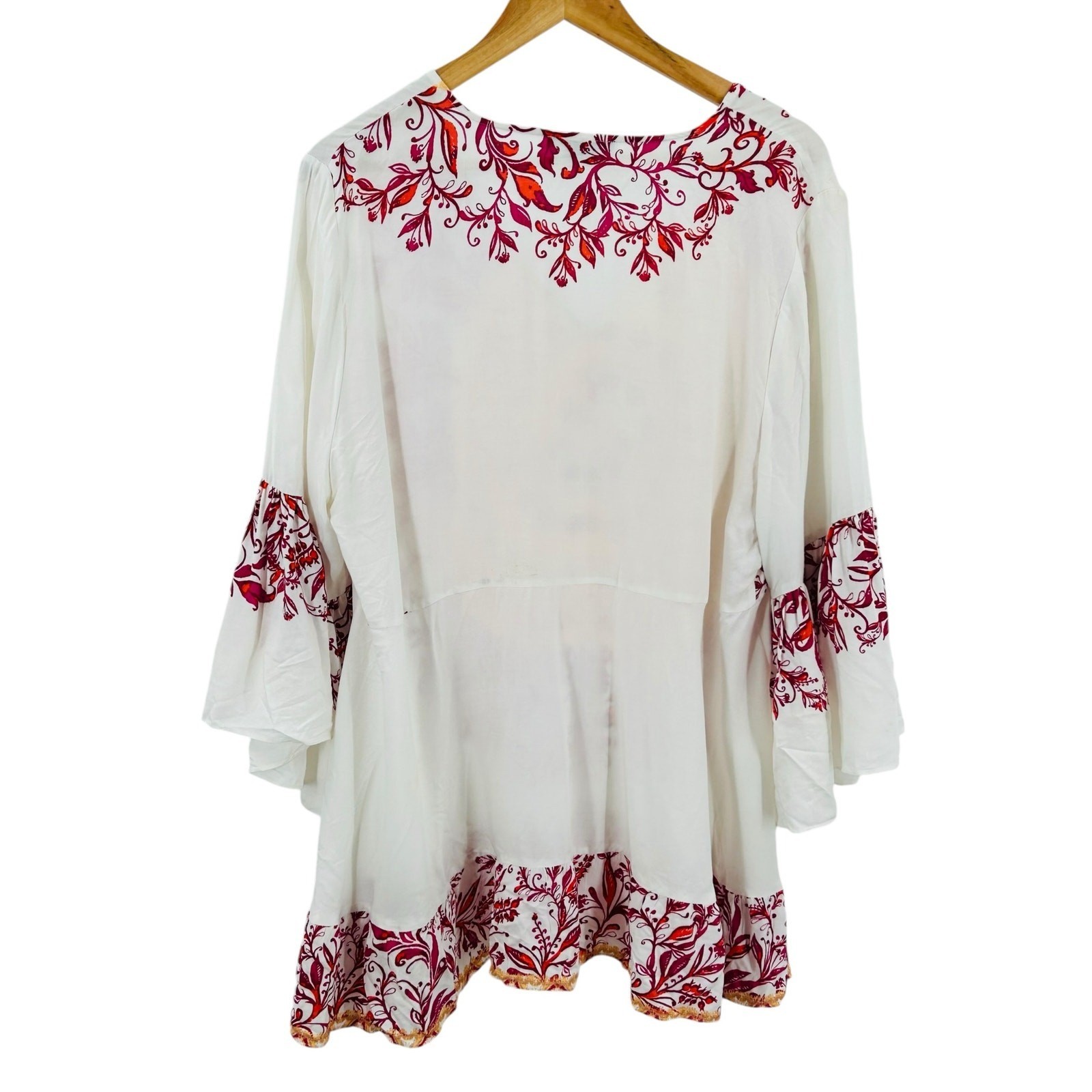 Robert Louis Boho Bell Sleeve Floral Tunic Top White Red Large