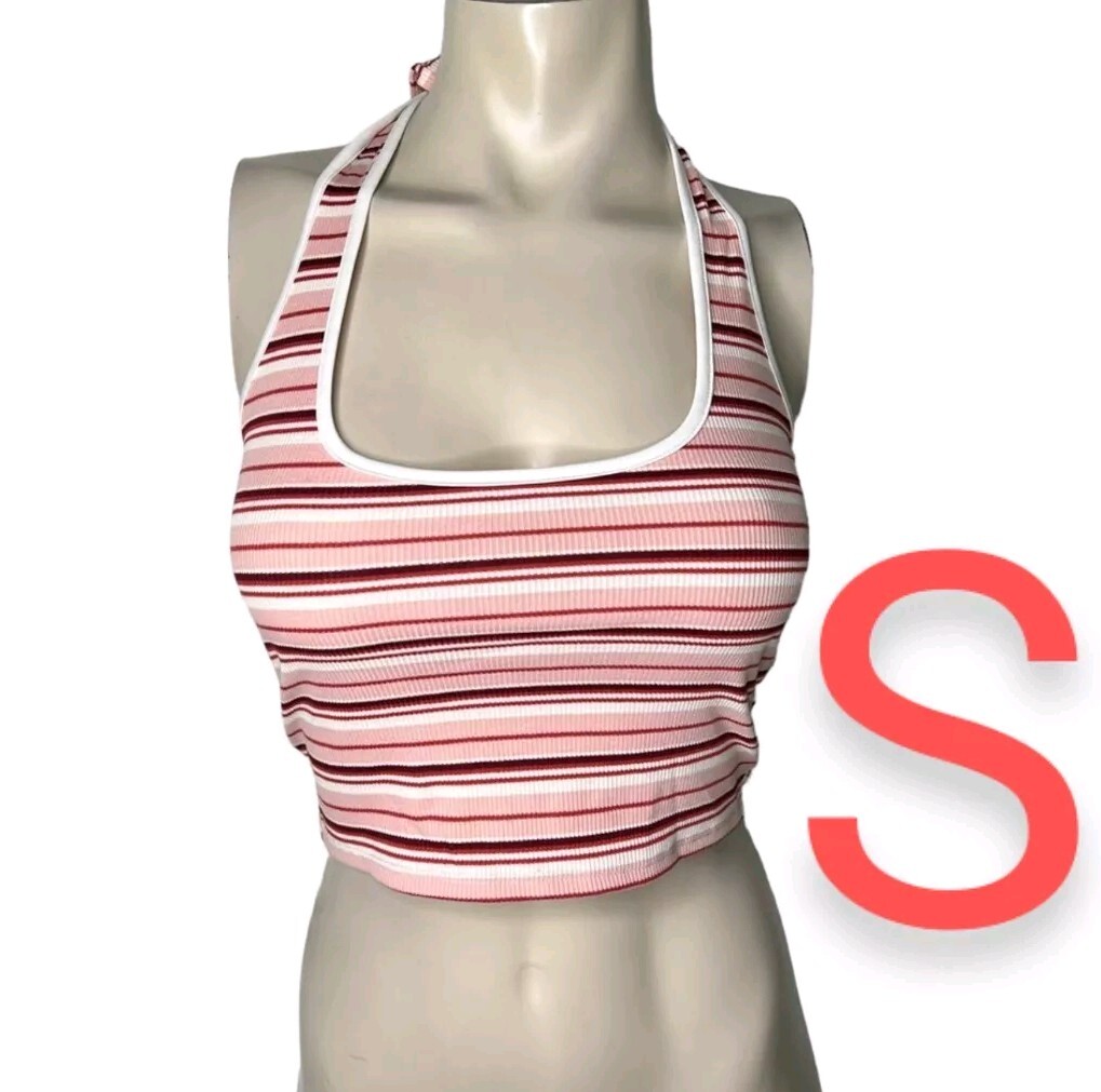🆕Pink/Red Multicolor Stripe Design Stretchy Ribbed Halter Open Back Top~Size S