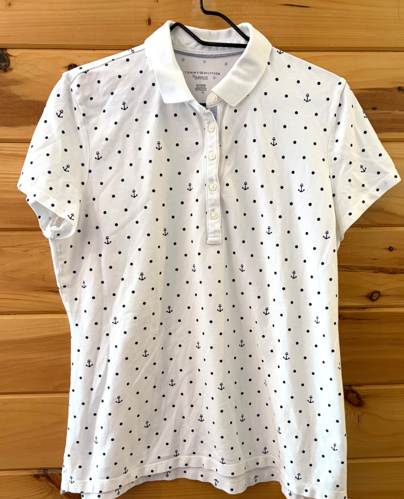 Tommy Hilfiger womens white polo shirt polka dot anchors nautical beach summer