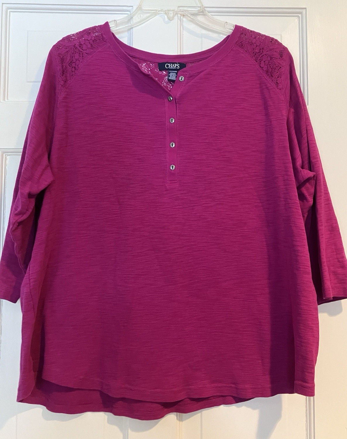 Chaps 2X Fushia Sheer Lace Shoulder 3/4 Sleeve 5 Button Pullover Top