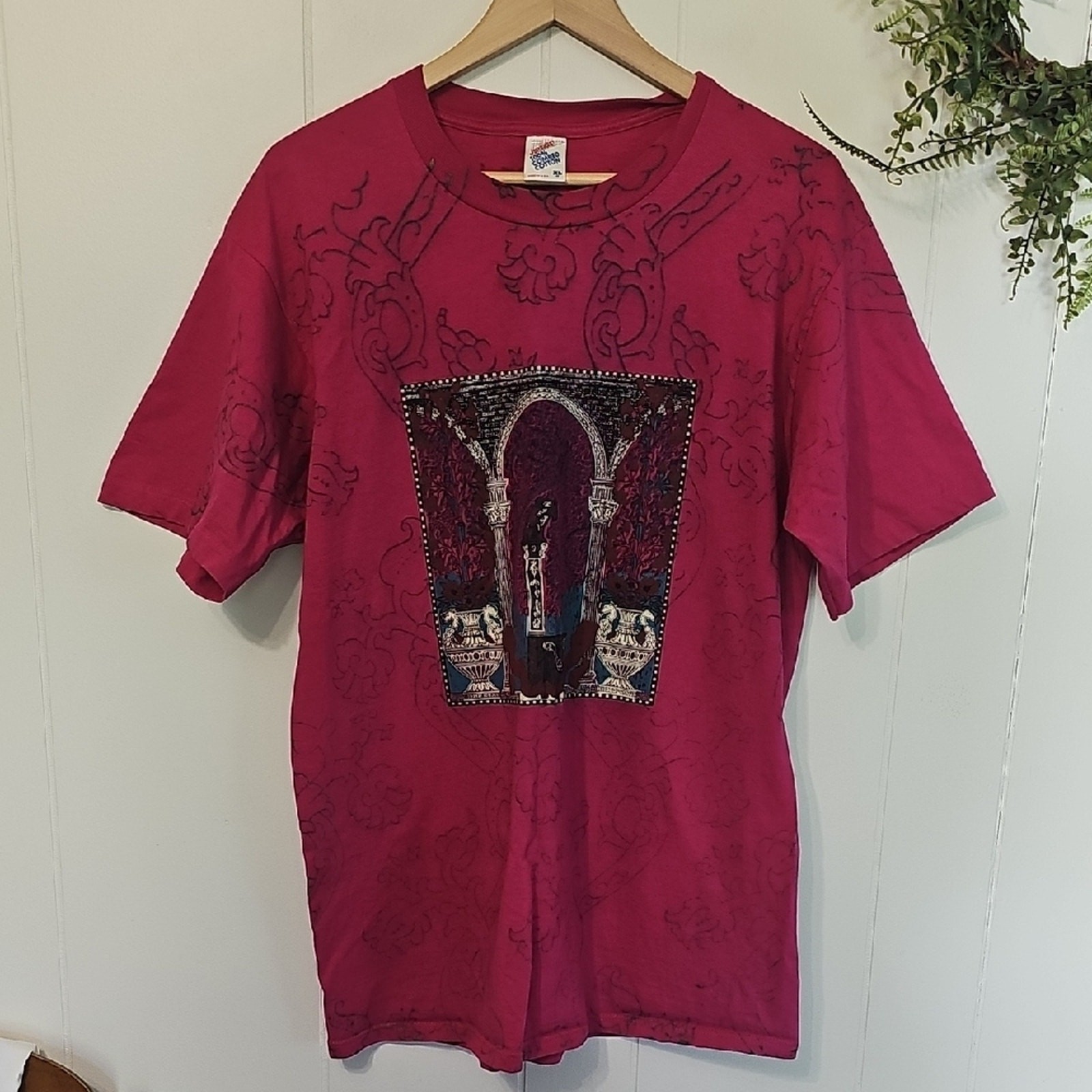 90s Graphic All Over Jerzees Fuchsia 100% Cotton Tee Womens XL Made In USA