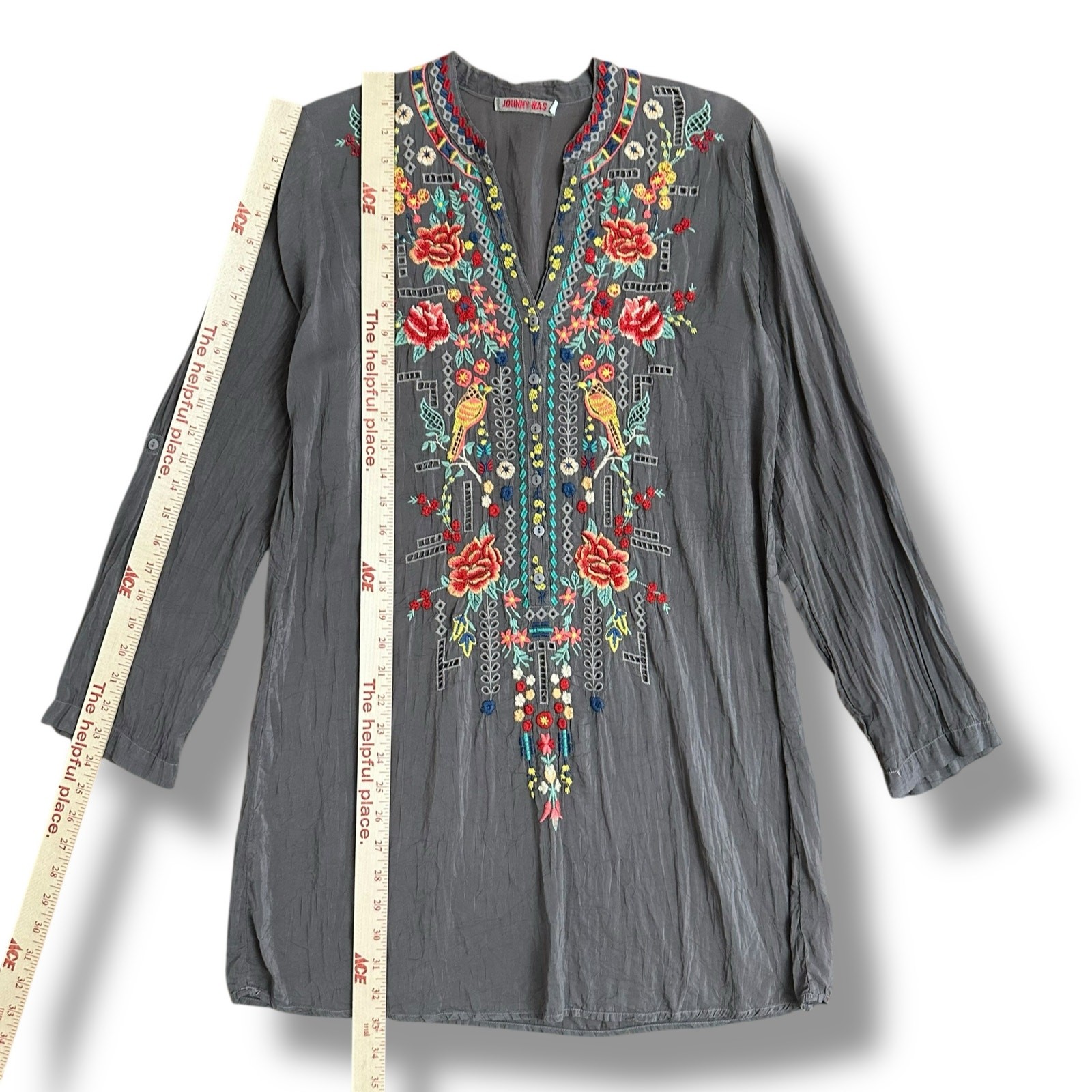 Johnny Was Women’s Tunic Top Small Slate Gray Embroidered Floral Boho Blouse