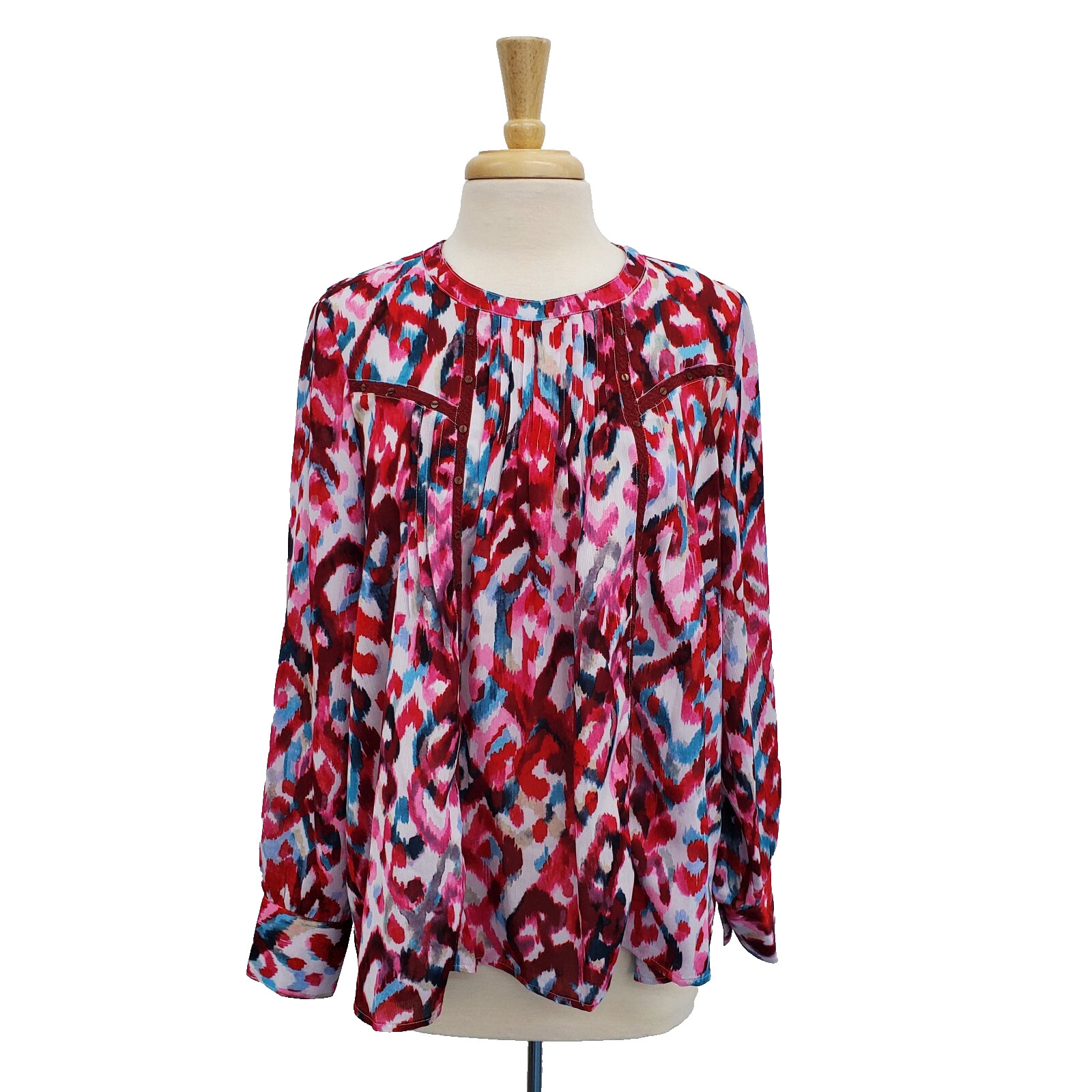 Womens M Red Pink Blue Abstract Blouse Boho Artistic Statement Top