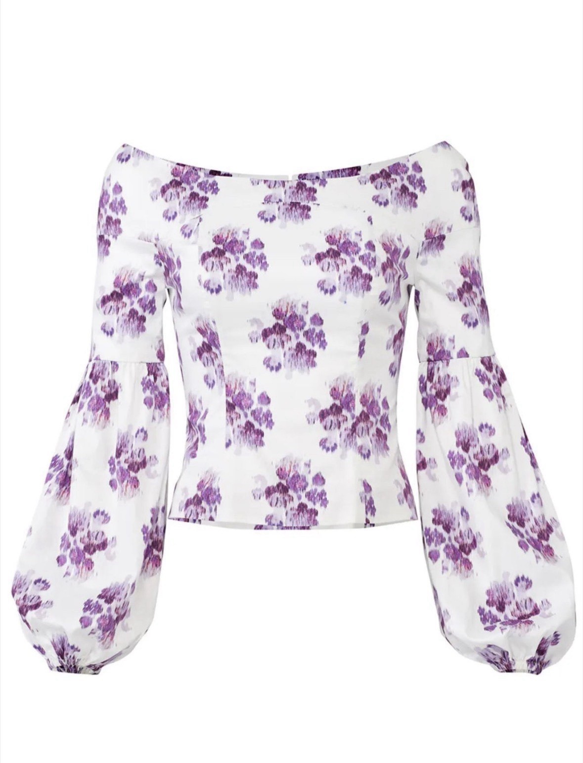 AMUR,MSRP : $328, Off Shoulder Balloon Sleeve Floral Blouse White Purple, XXS(S)