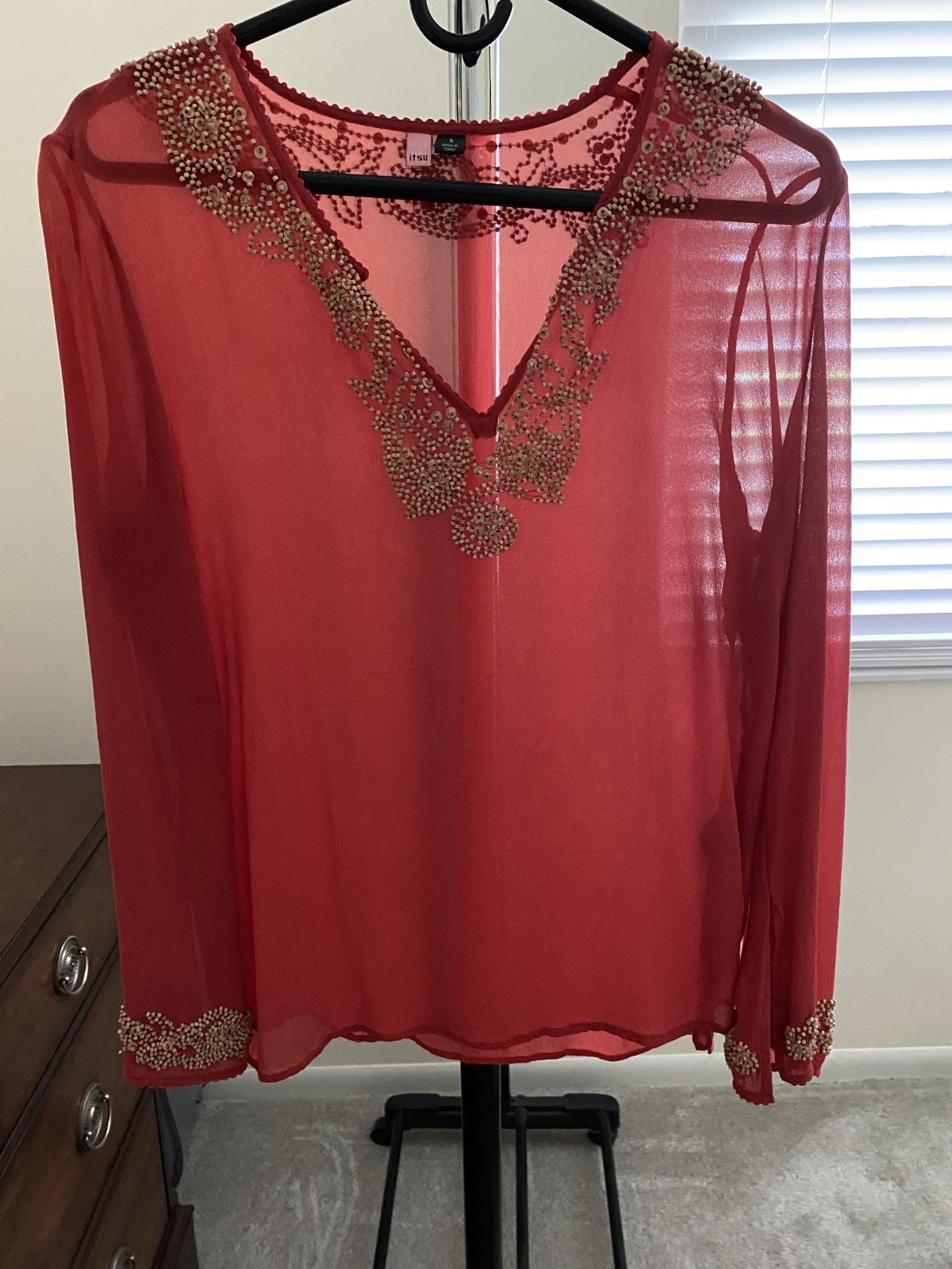 natural silk red blouse US size 8 long sleeves