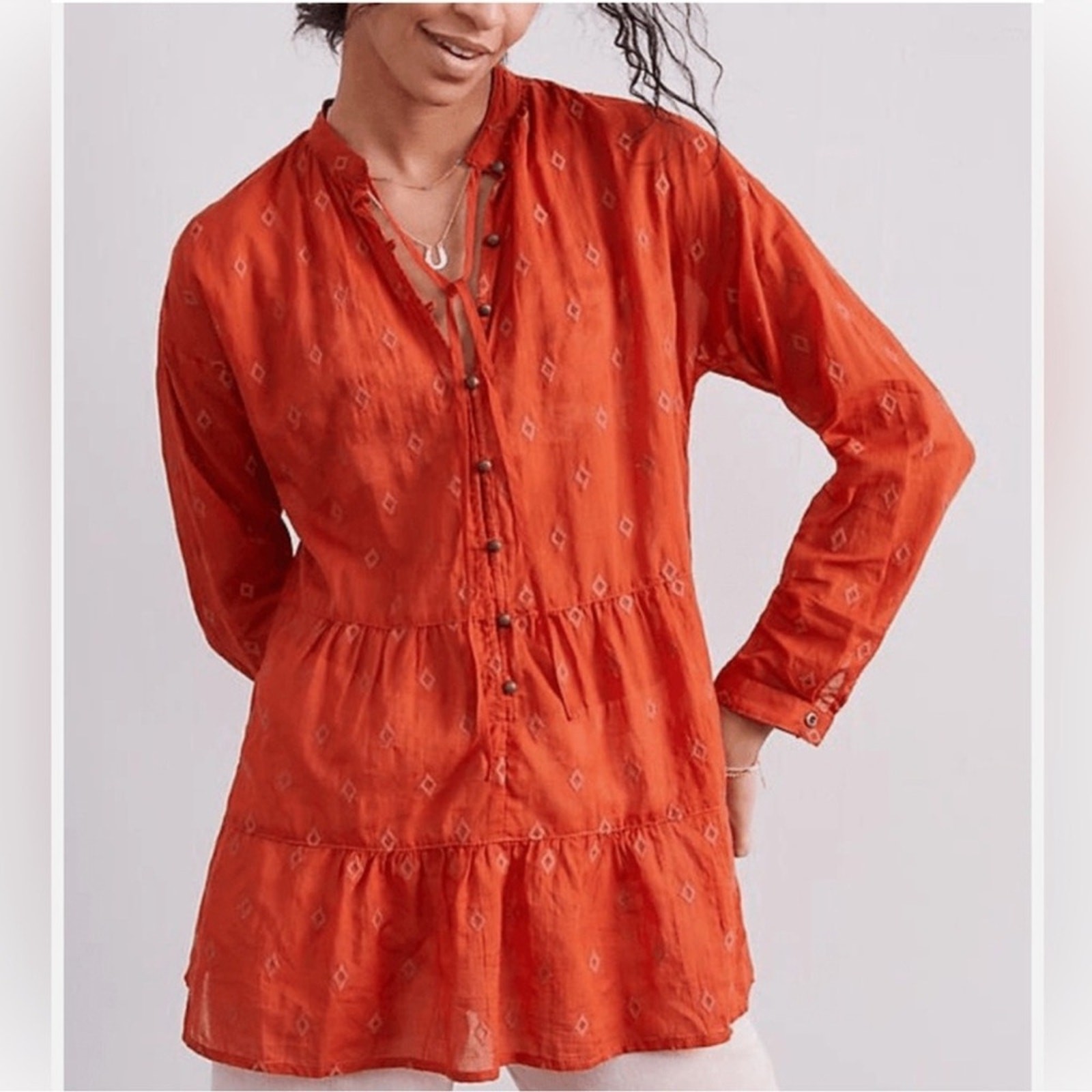 NEW Anthropologie Pilcro Tiered Tunic Top Rust Orange Boho Copper Button Aztec