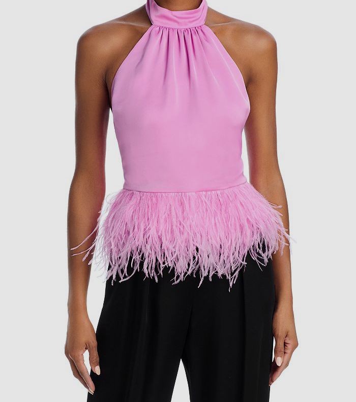 Ramy Brook Women’s Pink Faux Feather Trim Halter Top Size XS