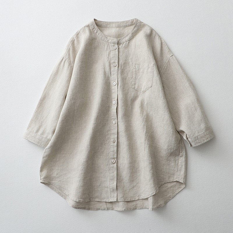 Linen Shirt Stand-up Collar, Seven-quarter Sleeves White Loose, Sunscreen Cotton