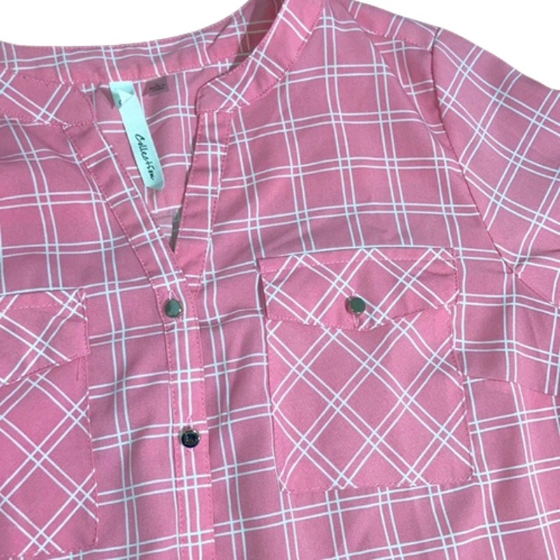 NY Collection Pink 3/4 Long Sleeve Plaid Button Front Top Size Large