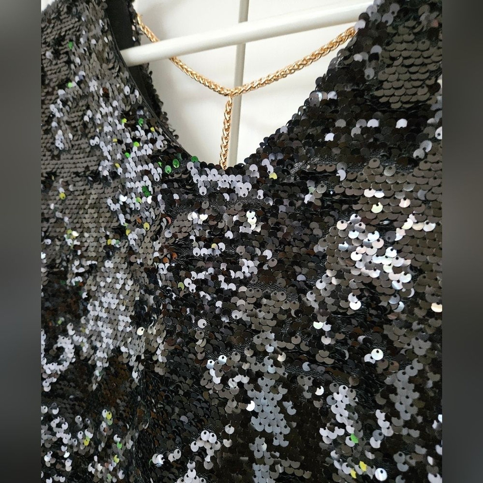 Gothic Glam Statement Lavish Sequin Top Women Sm Black V-Neck Chain Blouse NWT