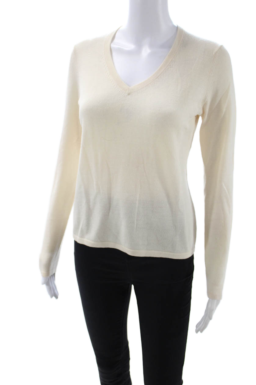 Henri Bendel Womens Beige V-Neck Merino Wool Pullover Sweater Long Sleeve Size M