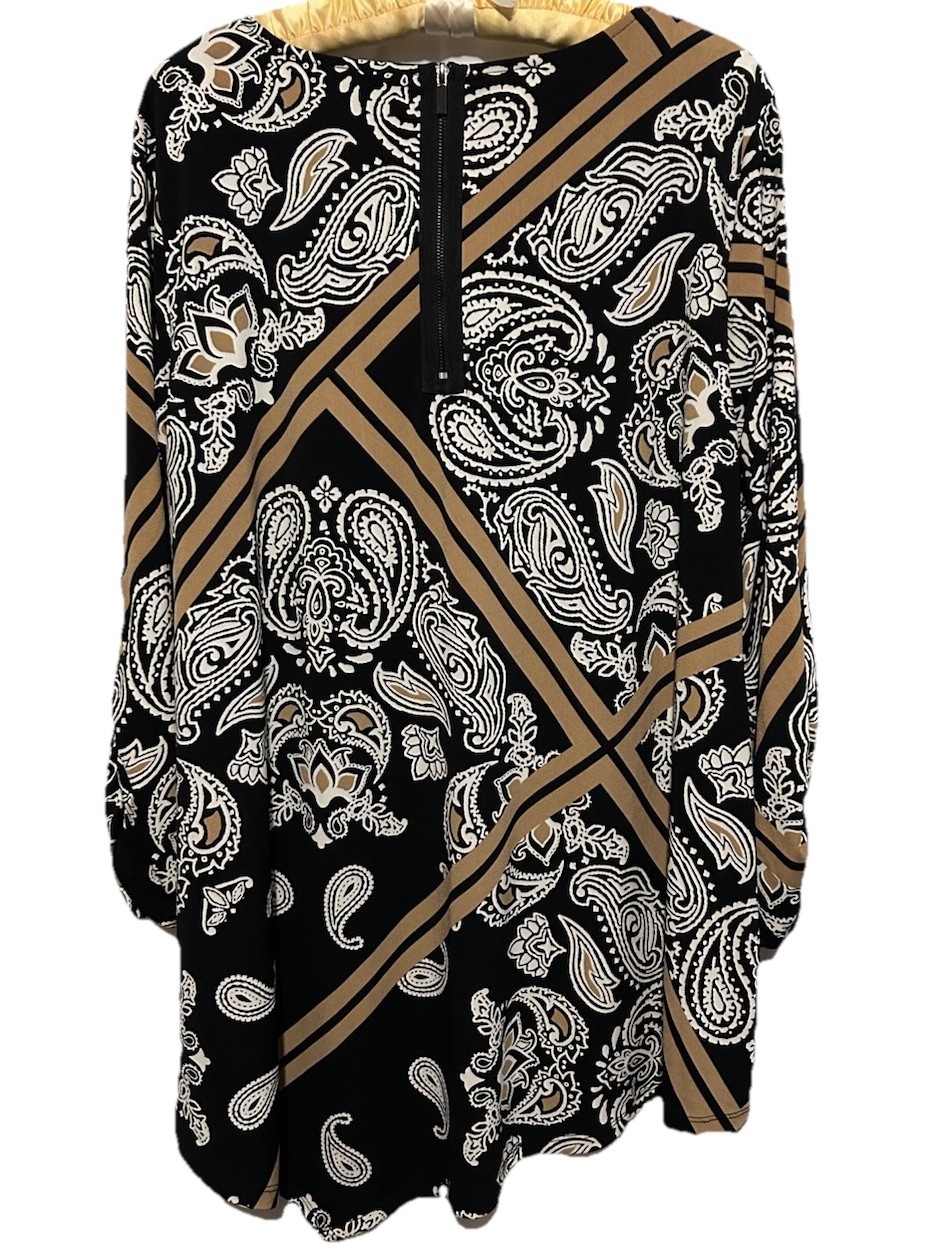 Alfani Top L Black Gold Paisley Stretch Knit Sharkbite Hem Tunic Shirt Blouse