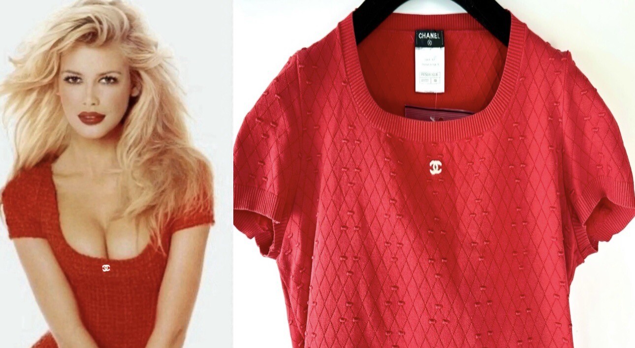 3K Chanel 2014 Barbie Red Sweater Top 36 38 40 4 6 8 T-Shirt White CC Logo S M