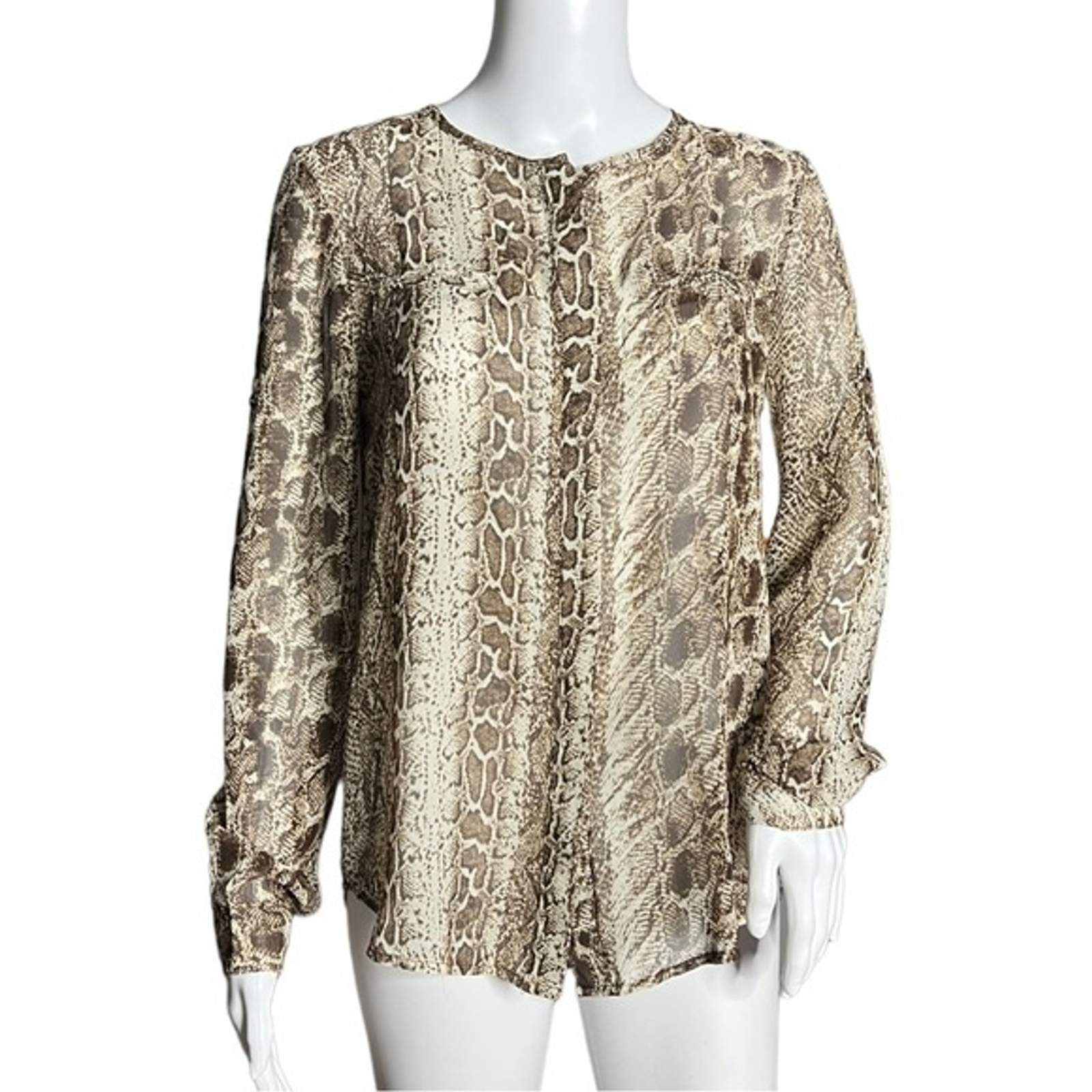 Ovi Shirt Womens Small Brown Cream Snake Print Button Front Blouse Sheer Edgy